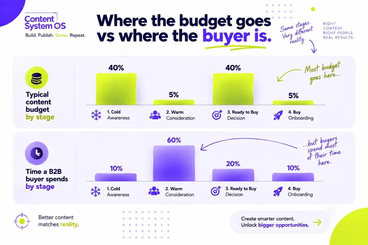 Chart comparing typical content budgets with how B2B buyers divide time across the customer journey.